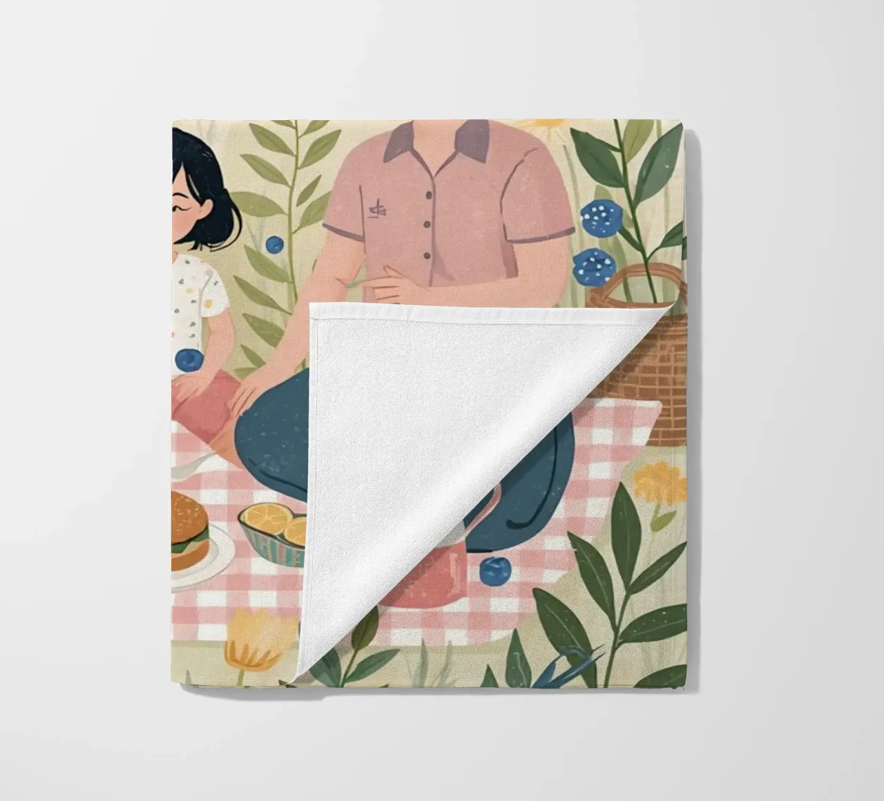 Una famiglia che si gode un picnic con cibo e fiori telo mare da DesignDoodle