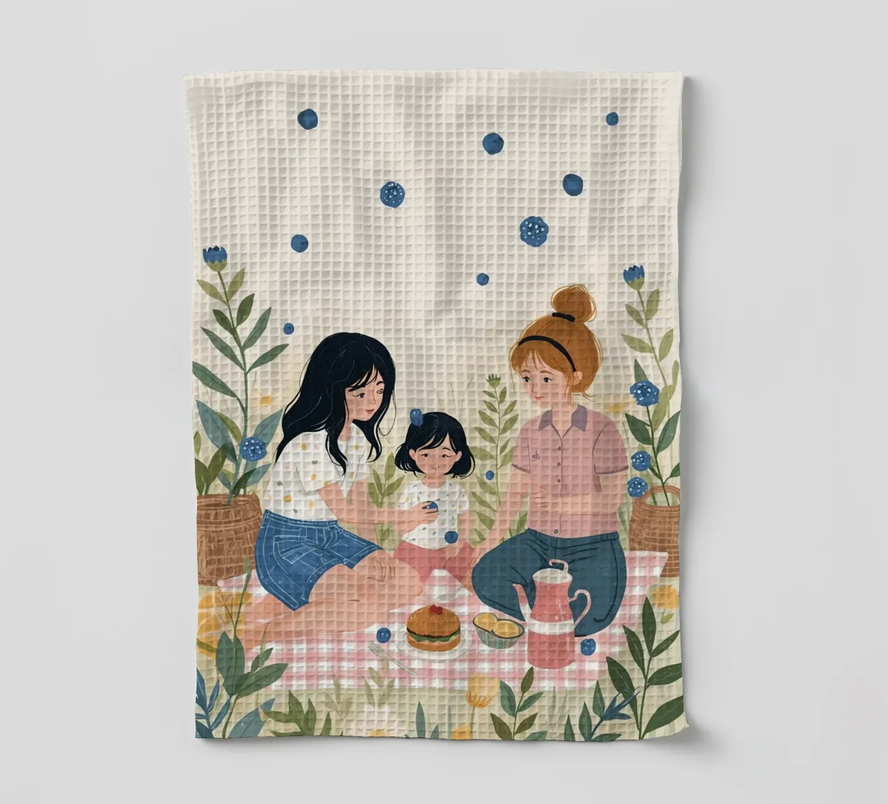 Una famiglia che si gode un picnic con cibo e fiori canovaccio da cucina da DesignDoodle