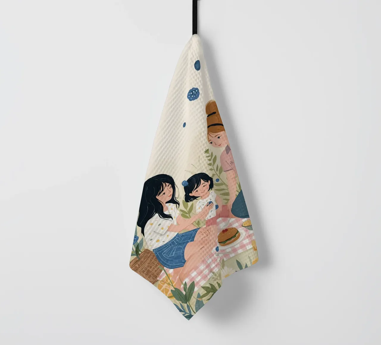 Una famiglia che si gode un picnic con cibo e fiori canovaccio da cucina da DesignDoodle