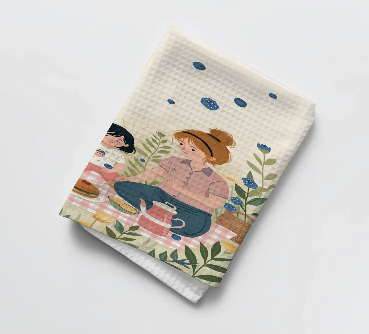 Una famiglia che si gode un picnic con cibo e fiori canovaccio da cucina da DesignDoodle