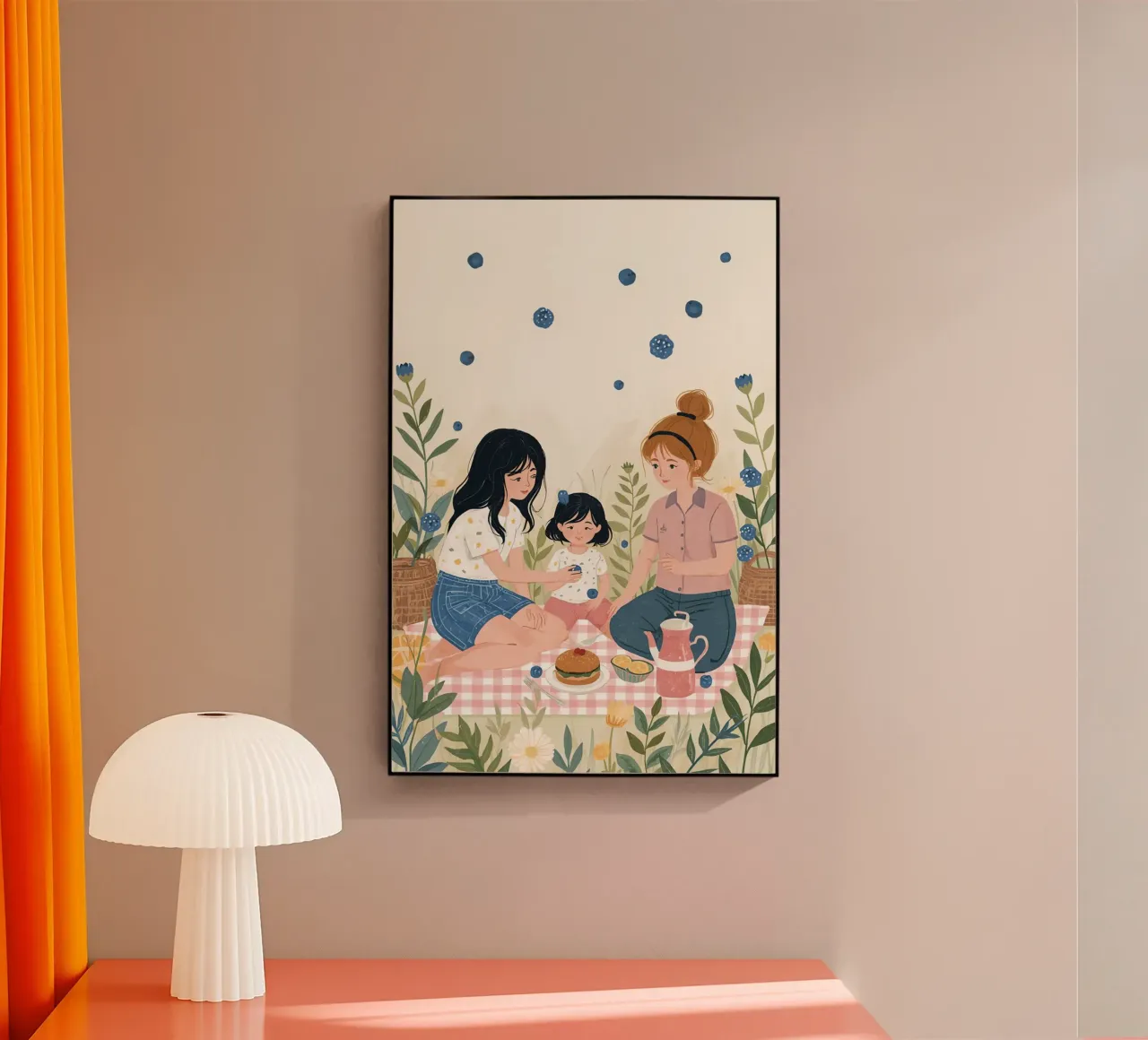 Una famiglia che si gode un picnic con cibo e fiori plexiglass da DesignDoodle