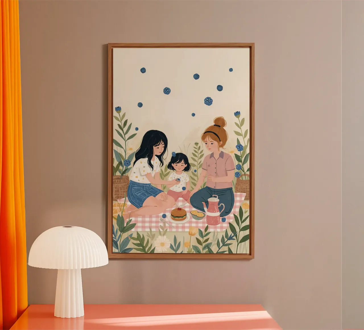 Una famiglia che si gode un picnic con cibo e fiori alluminio dibond da DesignDoodle