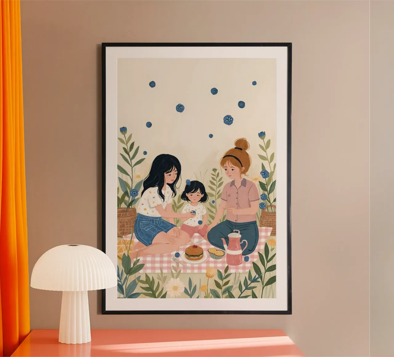 Una famiglia che si gode un picnic con cibo e fiori carta hahnemühle da DesignDoodle