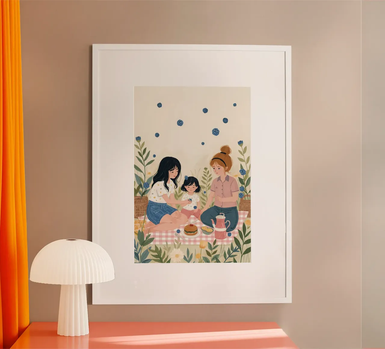 Una famiglia che si gode un picnic con cibo e fiori carta hahnemühle da DesignDoodle