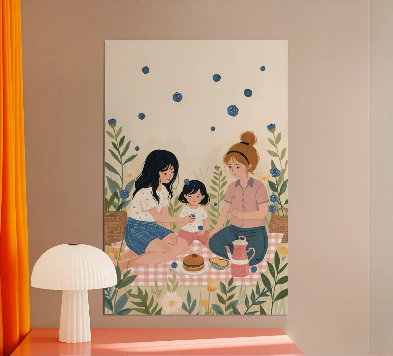 Una famiglia che si gode un picnic con cibo e fiori carta hahnemühle da DesignDoodle