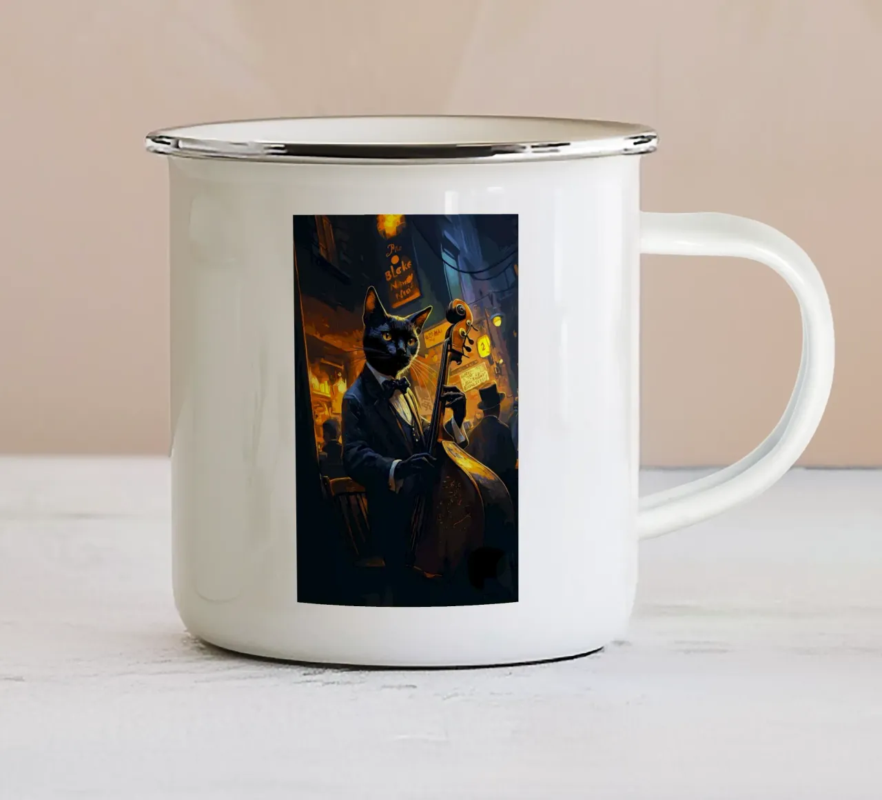 Gatto musicista jazz tazza in smalto da apple crumble