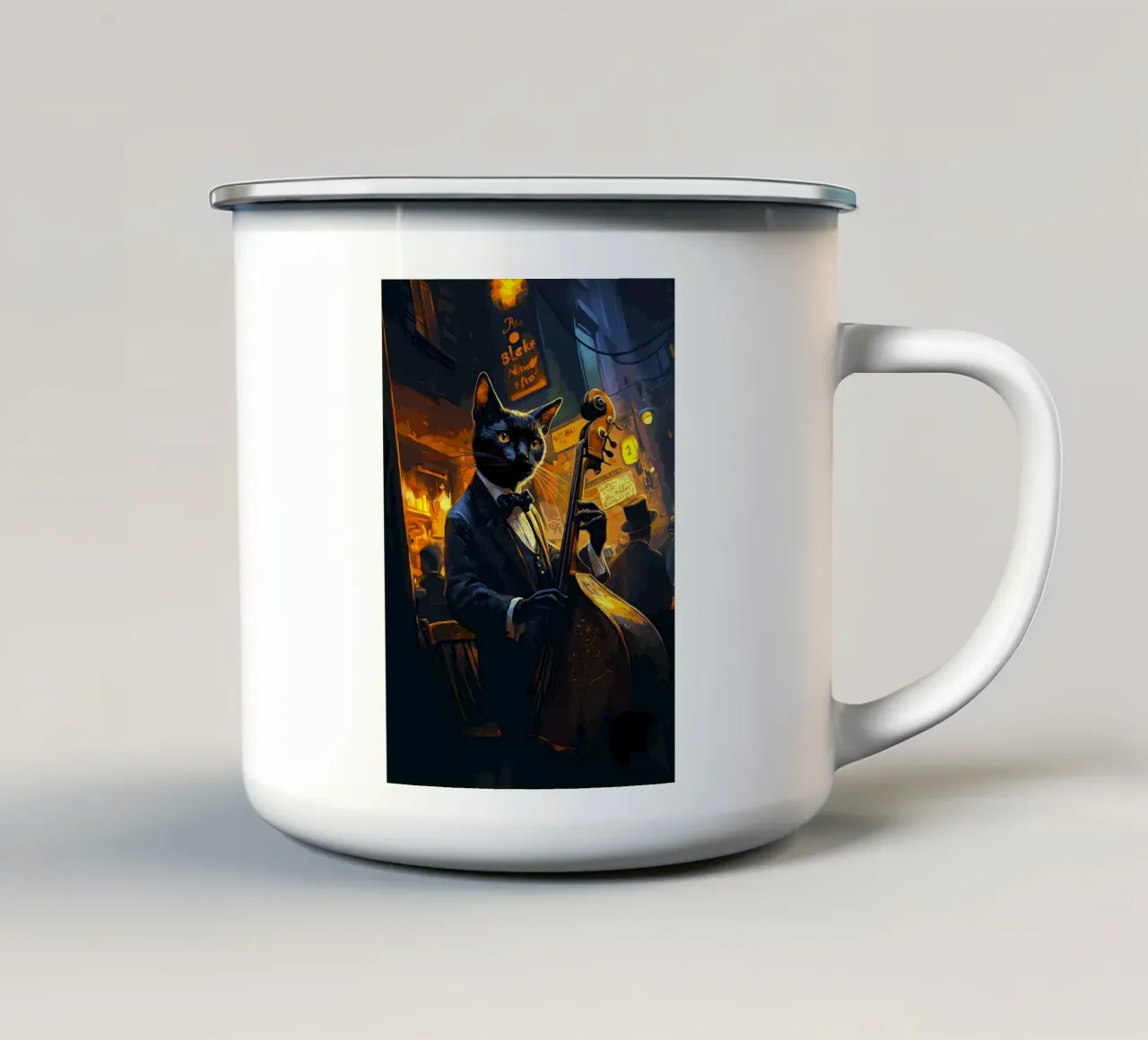 Gatto musicista jazz tazza in smalto da apple crumble