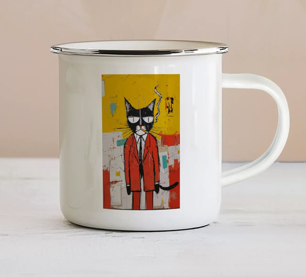 Gatto figo in abito rosso tazza in smalto da apple crumble