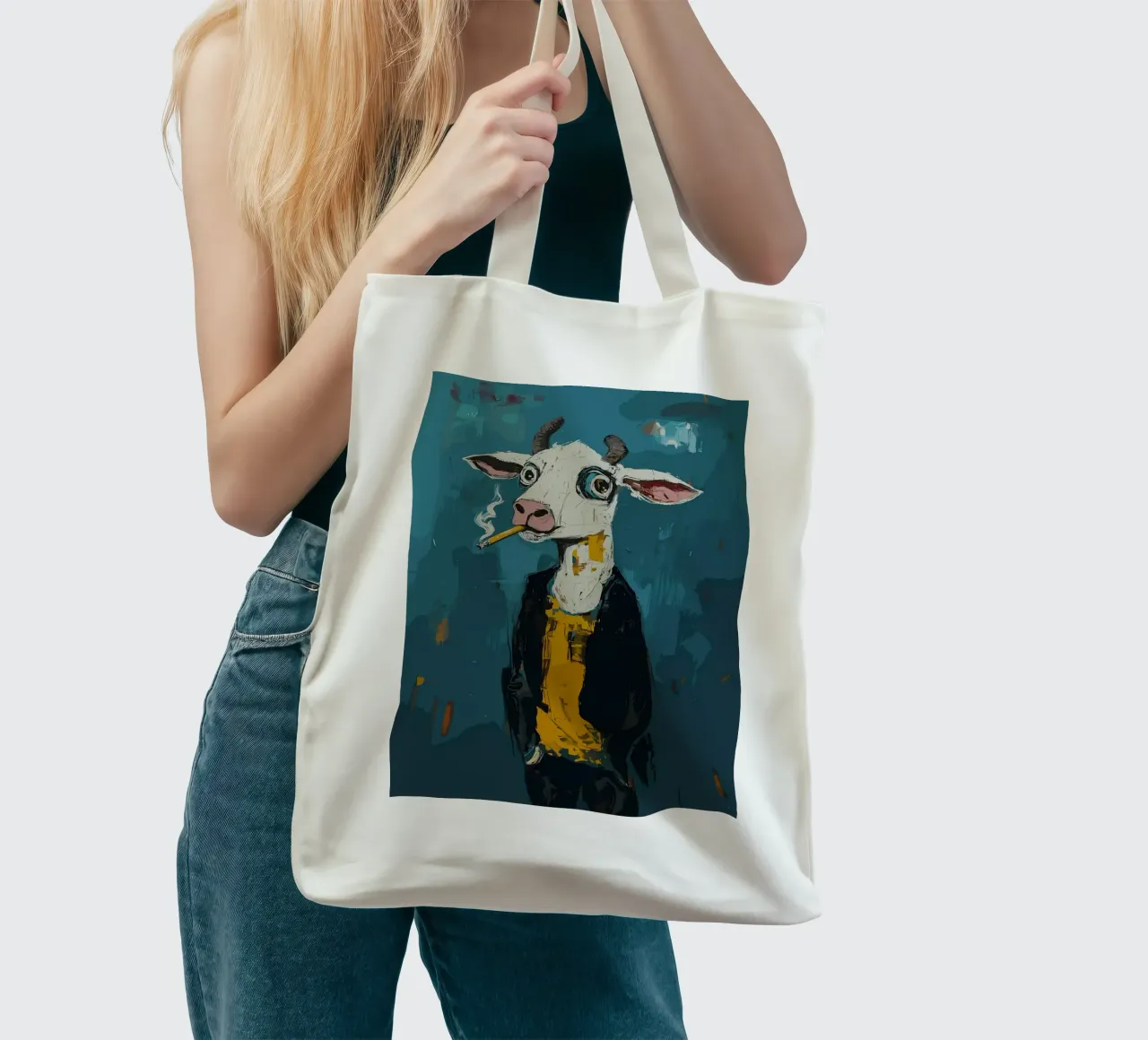 Mucca fresca con sigaretta borsa in juta da apple crumble