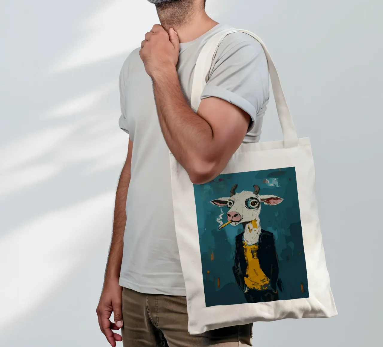 Mucca fresca con sigaretta borsa in juta da apple crumble