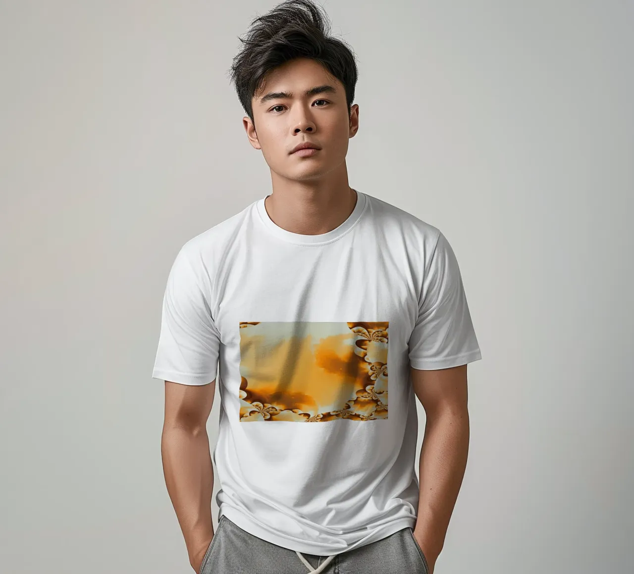 Abstract dynamic pattern in yellow, orange and brown. t-shirt by Something for you