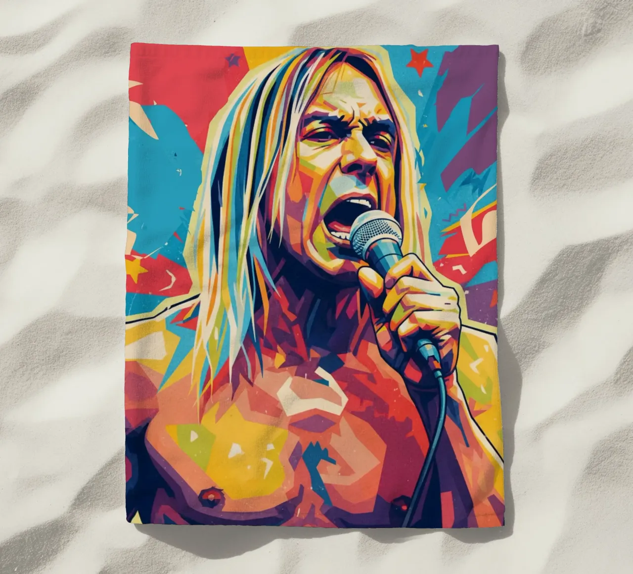 Iggy Pop pop art colorata telo mare da Hantamrata