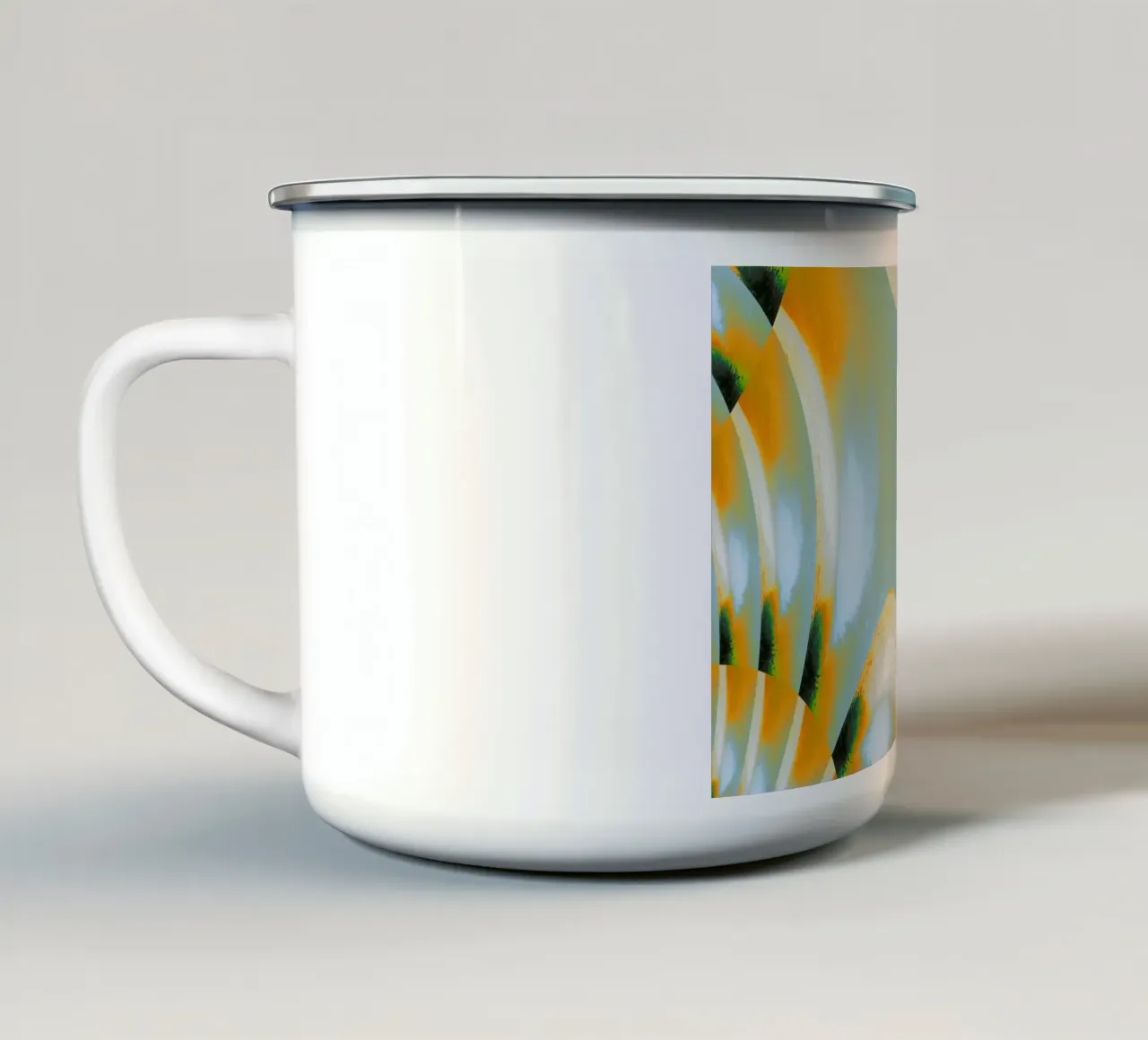 Abstraktes dynamisches Muster in weiß, blau, orange, grün. Emaille Tasse von Something for you