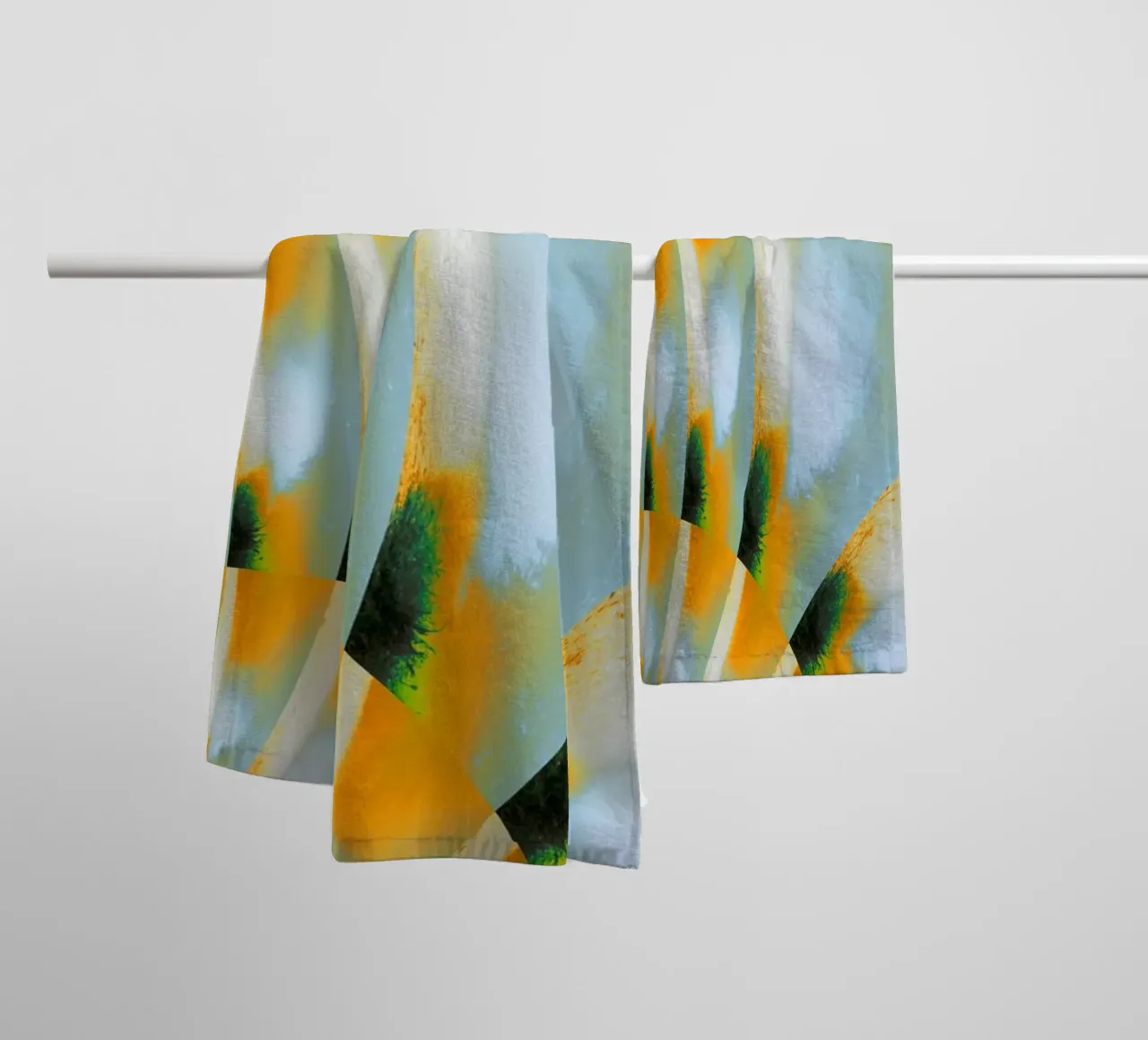 Abstract dynamic pattern in white, blue, orange and green. towel by Something for you