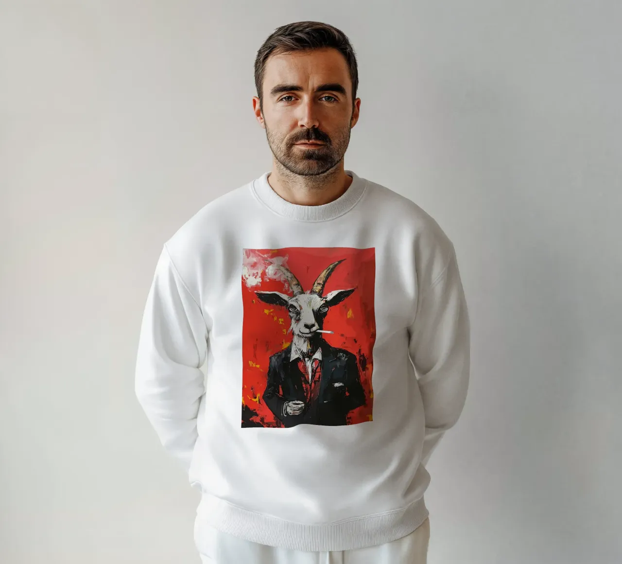 Cabra con traje fumando un cigarrillo sudadera de apple crumble