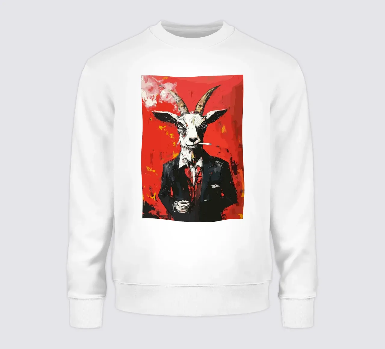 Cabra con traje fumando un cigarrillo sudadera de apple crumble