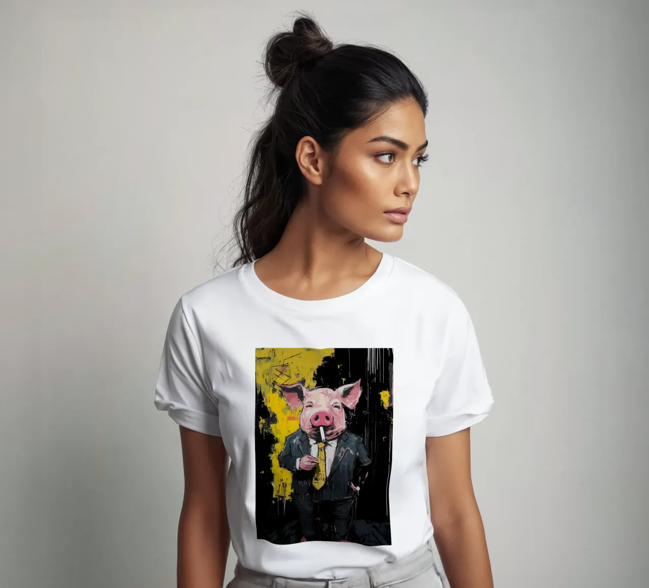 Maiale in giacca e cravatta che fuma sigarette t-shirt da apple crumble