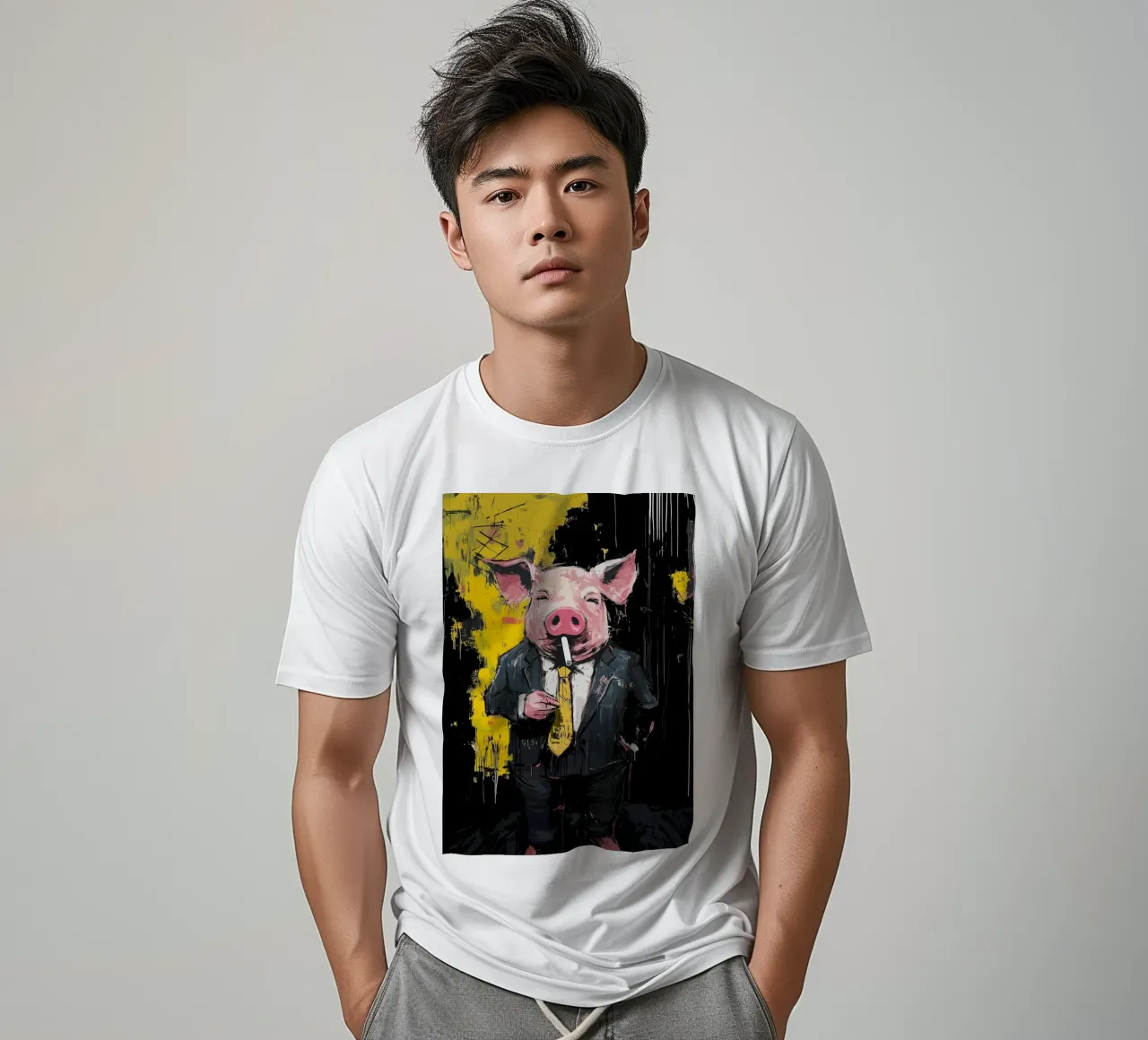 Maiale in giacca e cravatta che fuma sigarette t-shirt da apple crumble