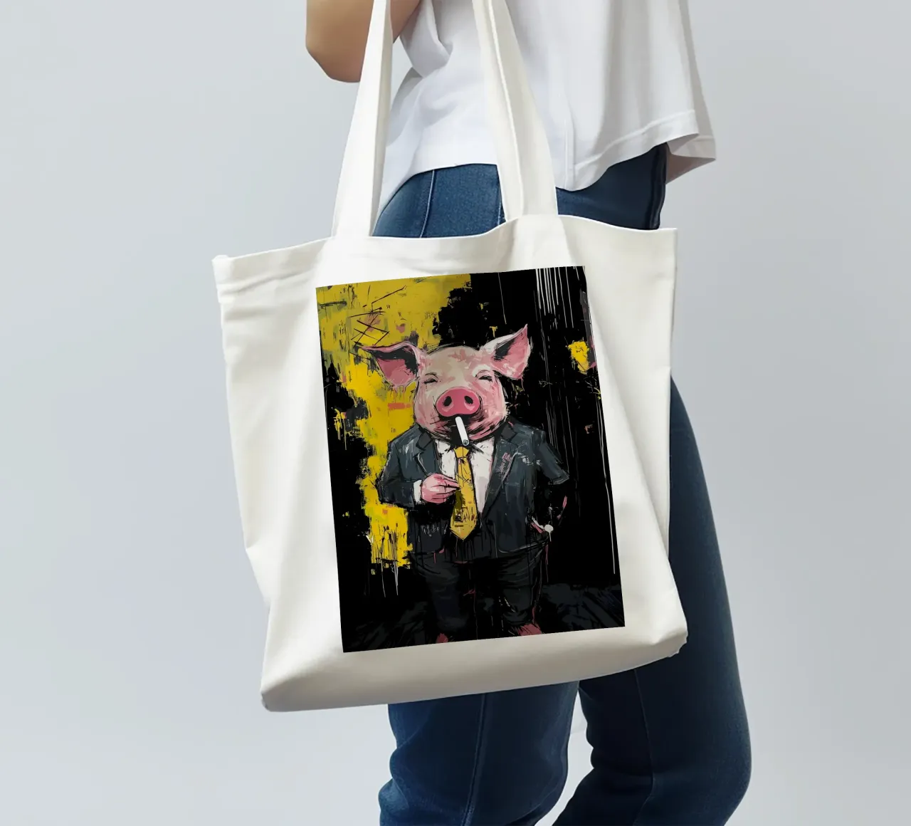 Maiale in giacca e cravatta che fuma sigarette borsa in juta da apple crumble