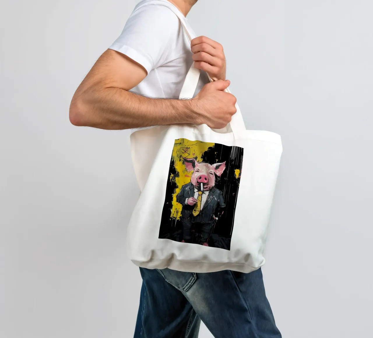 Maiale in giacca e cravatta che fuma sigarette borsa in juta da apple crumble