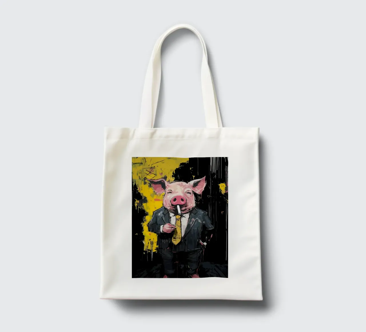 Maiale in giacca e cravatta che fuma sigarette borsa in juta da apple crumble