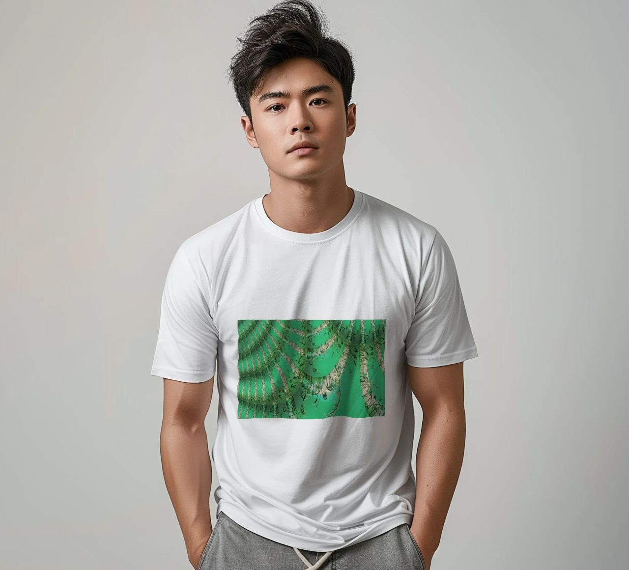 Abstract dynamic pattern in green and white. t-shirt by Something for you