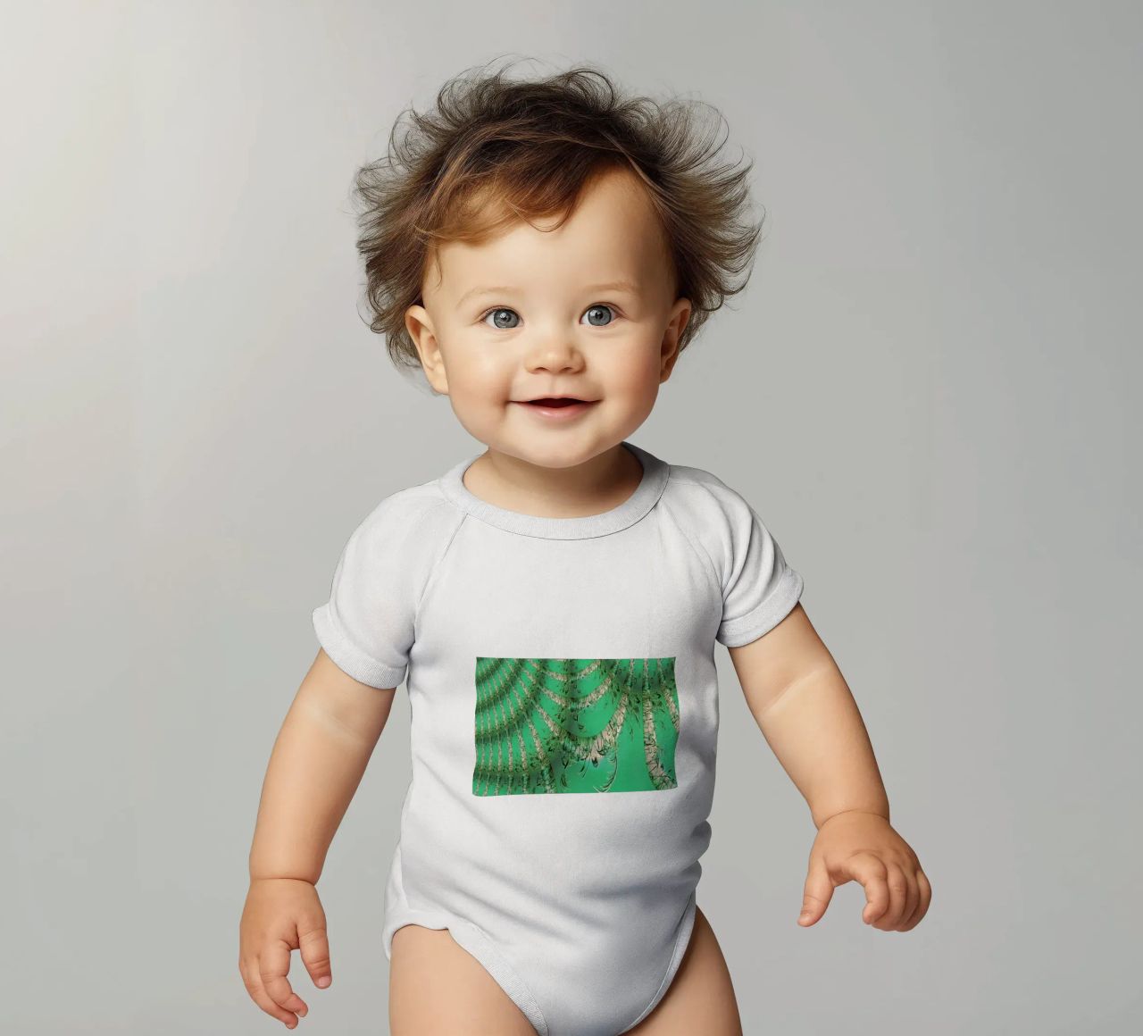 Abstract dynamic pattern in green and white. short-sleeve baby romper by Something for you