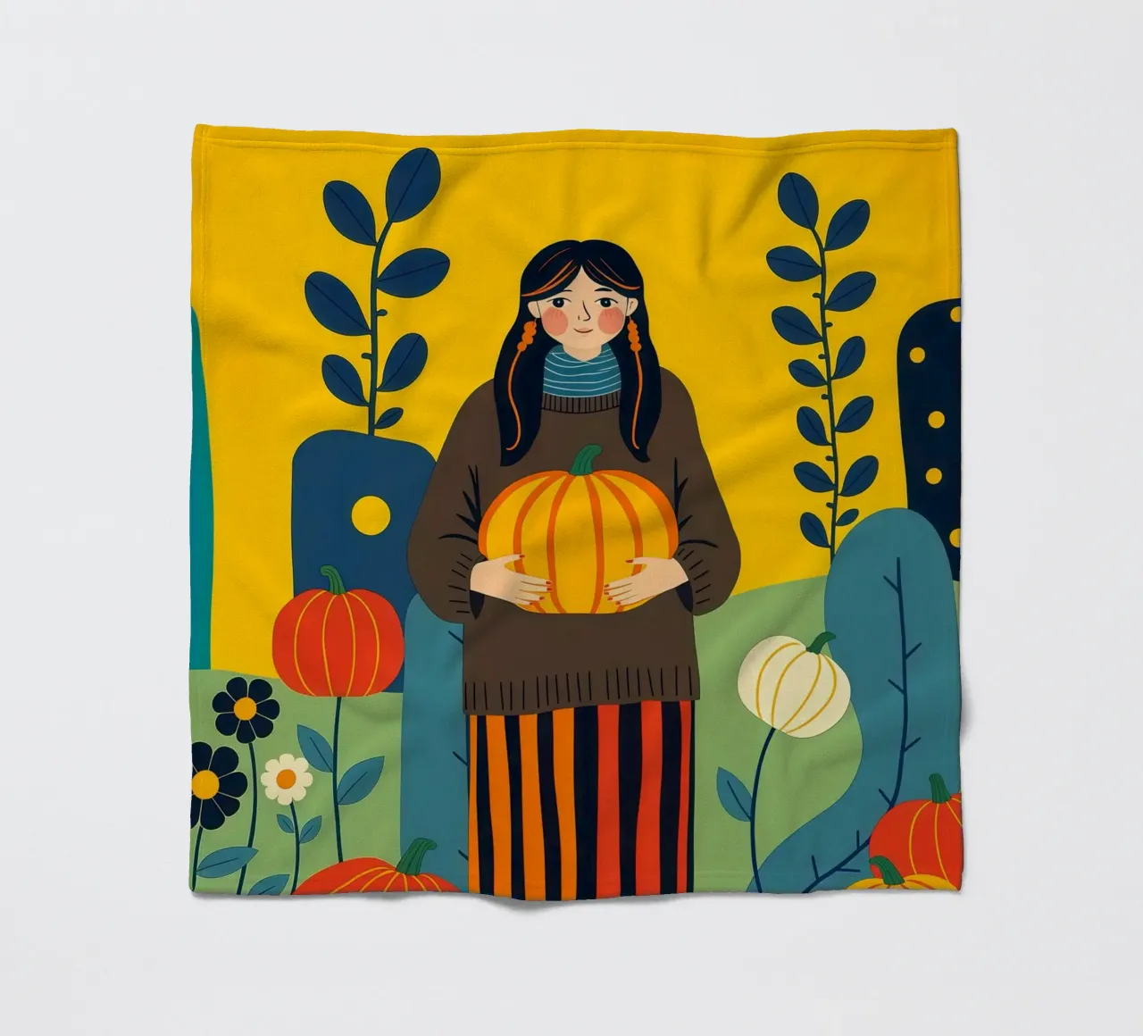 Donna che raccoglie una zucca in un campo di zucche coperta in pile da ARTOMATIC