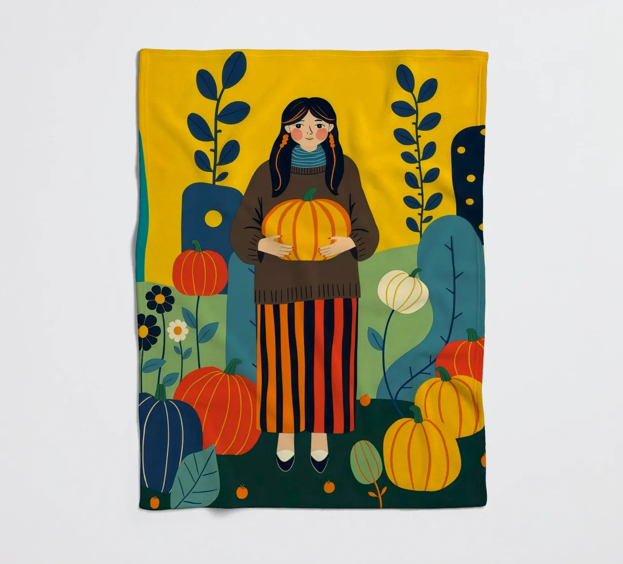 Donna che raccoglie una zucca in un campo di zucche coperta in pile da ARTOMATIC