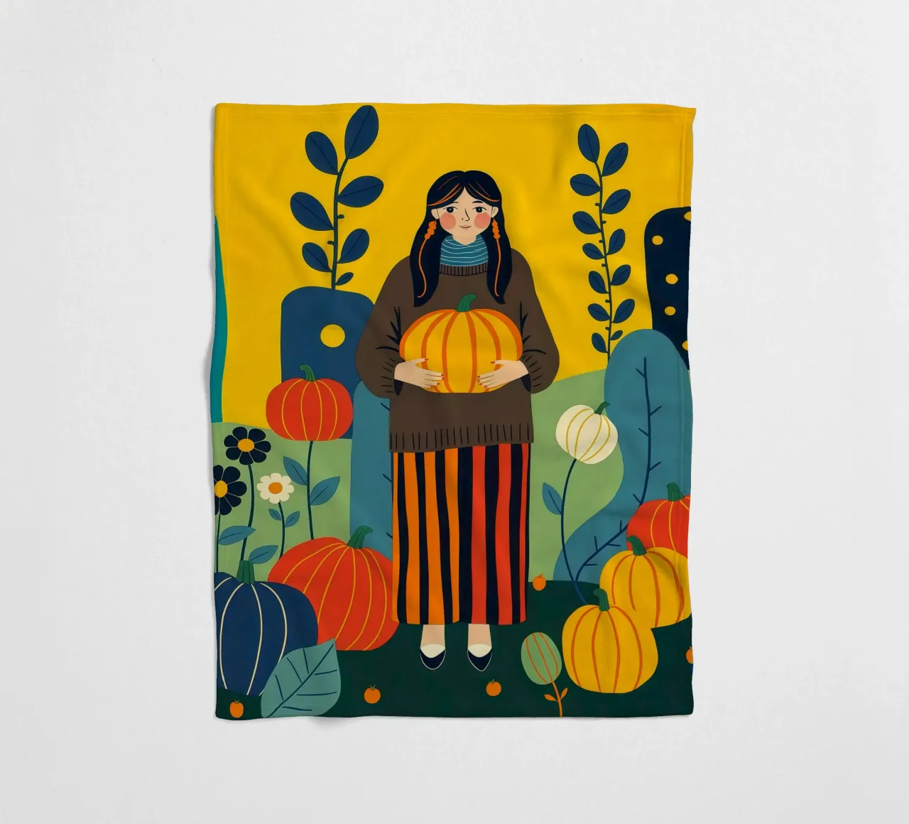 Donna che raccoglie una zucca in un campo di zucche coperta in pile da ARTOMATIC