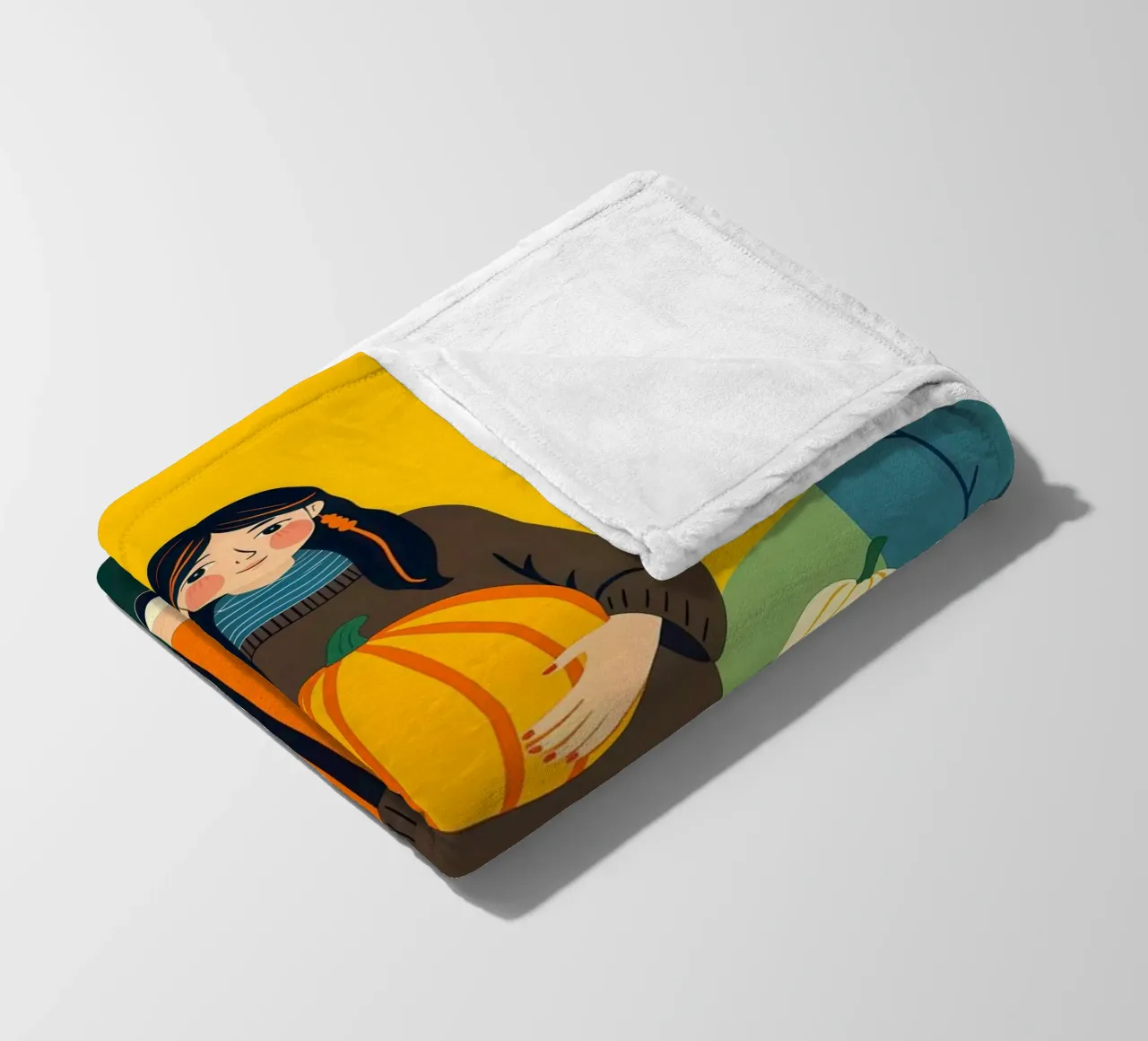 Donna che raccoglie una zucca in un campo di zucche coperta in pile da ARTOMATIC