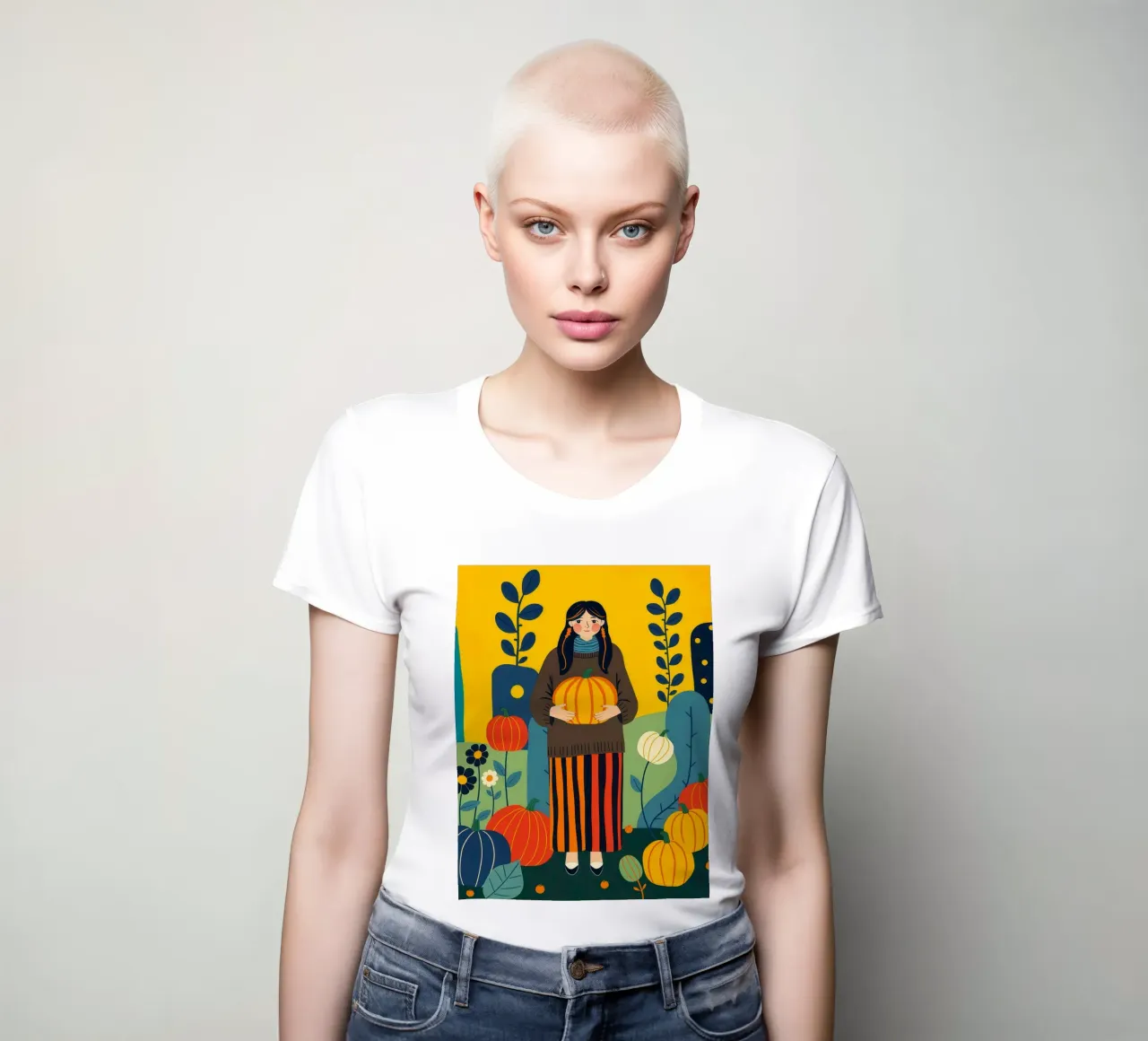 Donna che raccoglie una zucca in un campo di zucche t-shirt da donna da ARTOMATIC