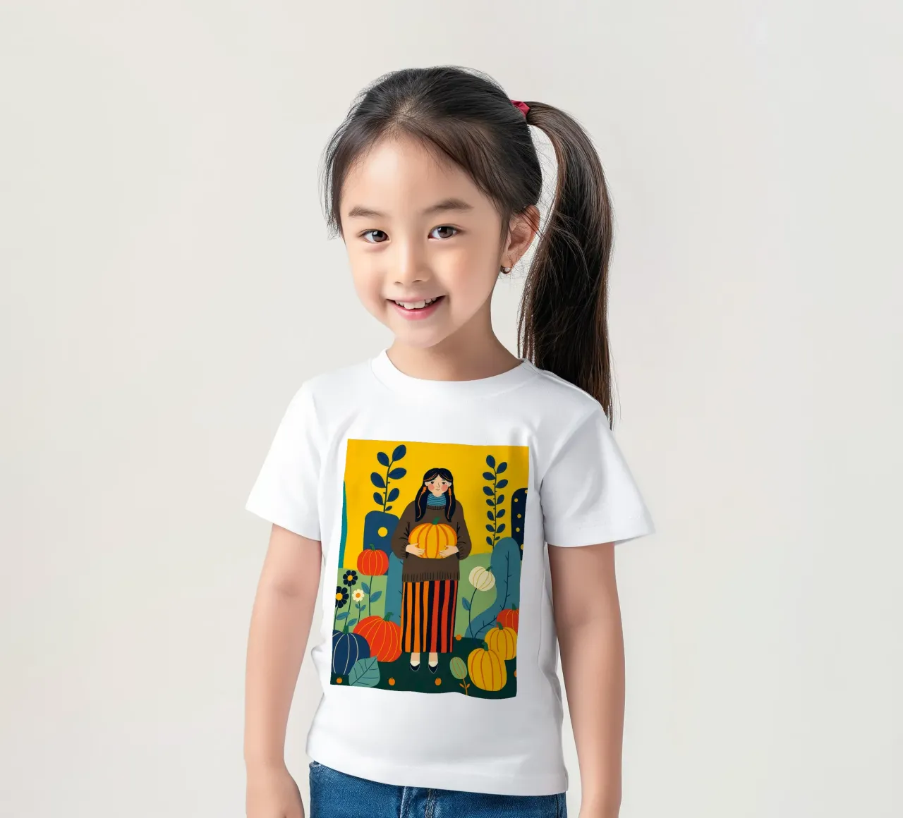Donna che raccoglie una zucca in un campo di zucche t-shirt bambini da ARTOMATIC