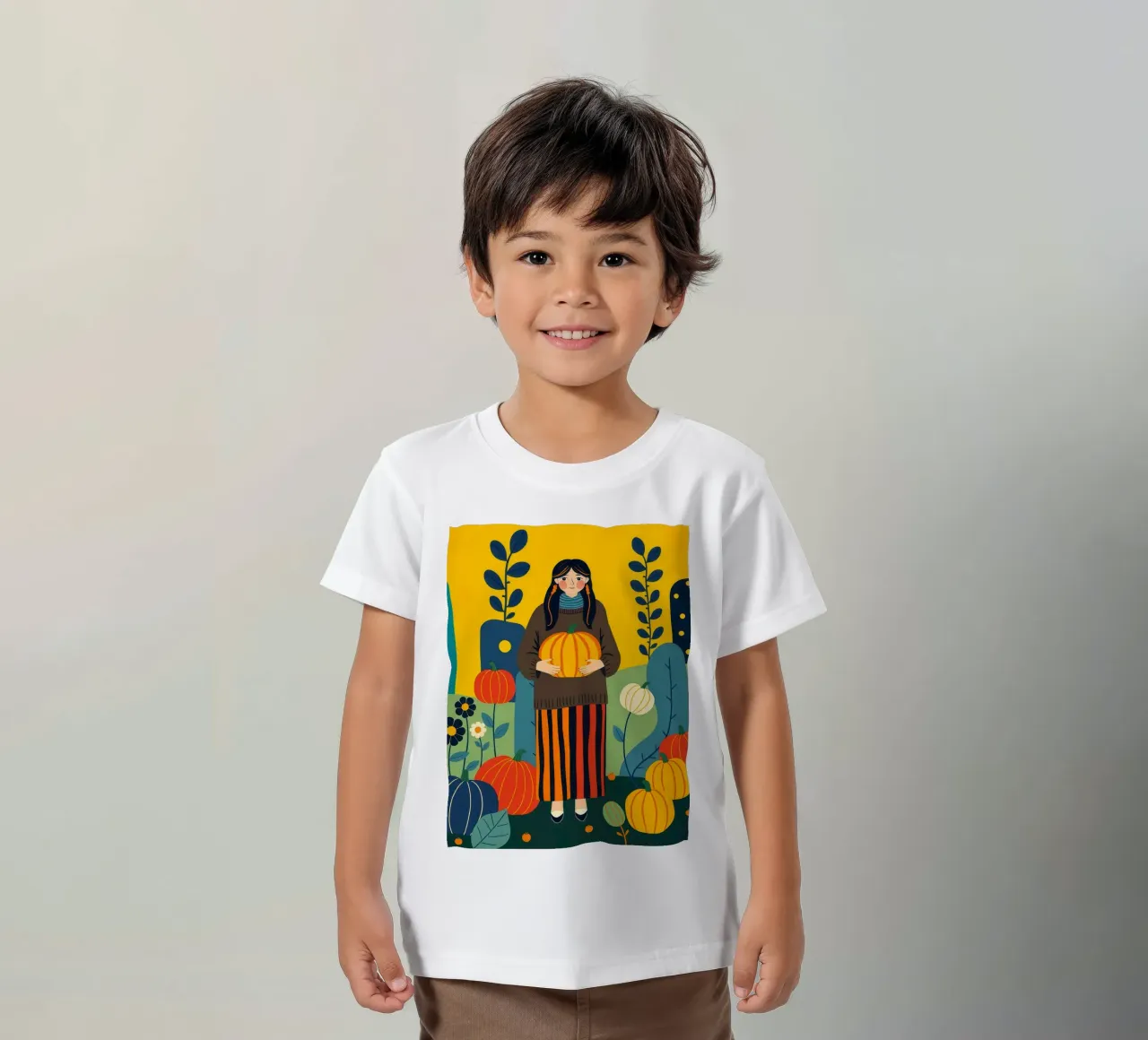 Donna che raccoglie una zucca in un campo di zucche t-shirt bambini da ARTOMATIC