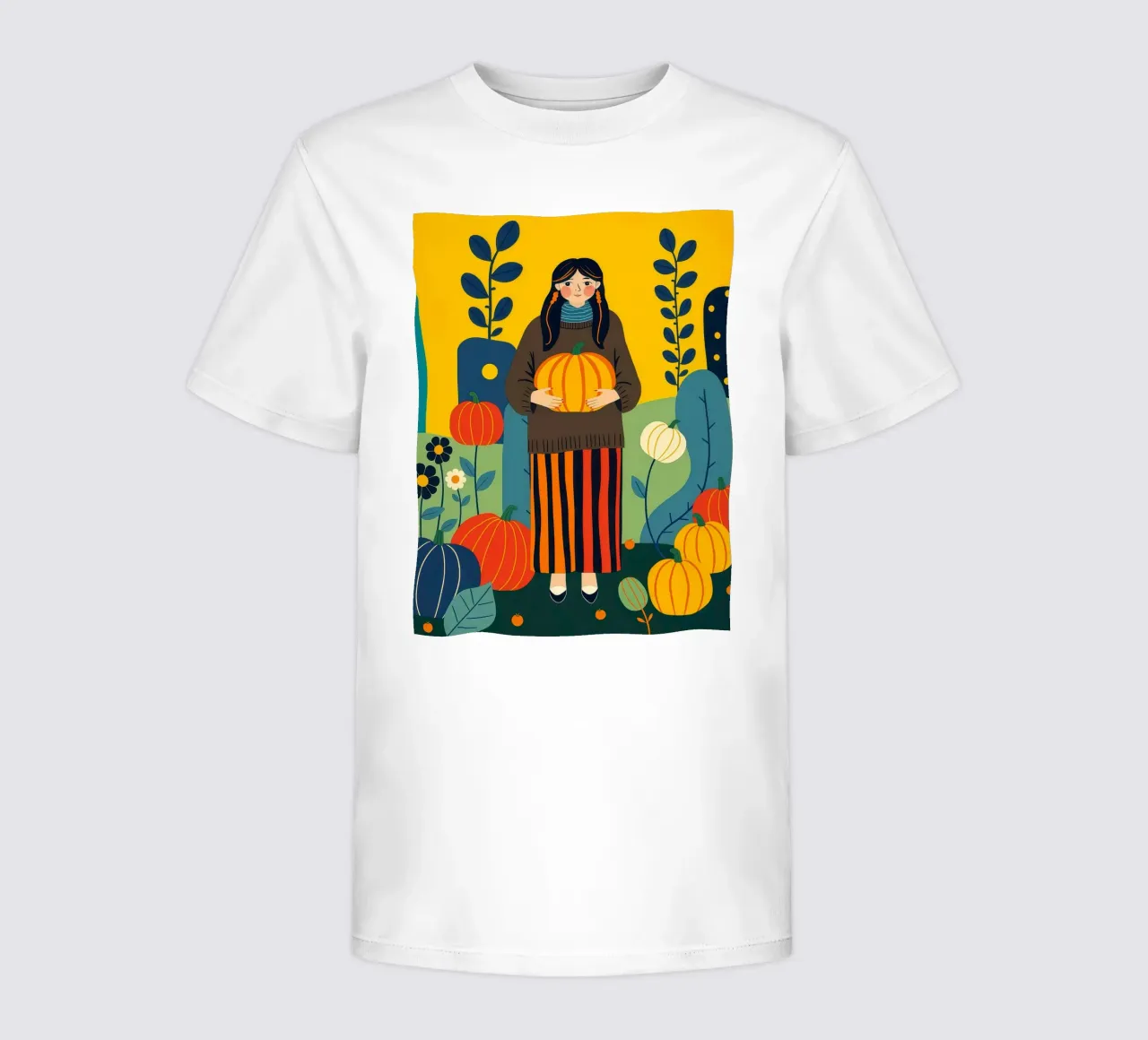 Donna che raccoglie una zucca in un campo di zucche t-shirt bambini da ARTOMATIC
