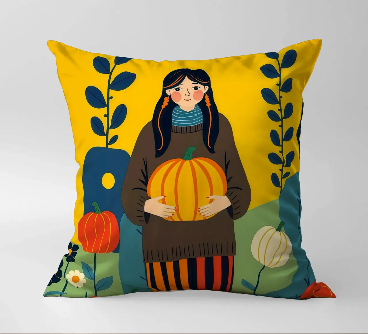Donna che raccoglie una zucca in un campo di zucche cuscino da ARTOMATIC