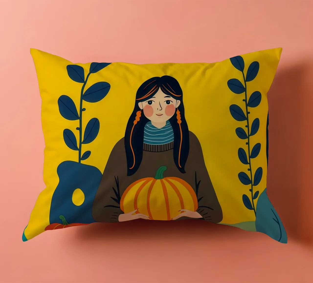 Donna che raccoglie una zucca in un campo di zucche cuscino da ARTOMATIC