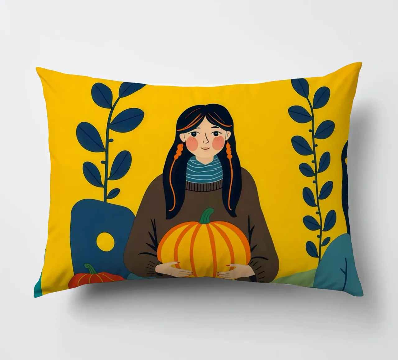 Donna che raccoglie una zucca in un campo di zucche cuscino da ARTOMATIC