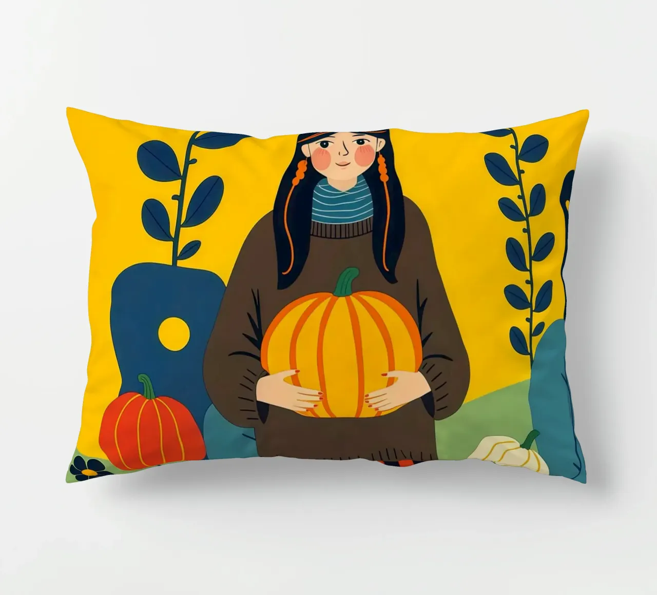 Donna che raccoglie una zucca in un campo di zucche cuscino da ARTOMATIC