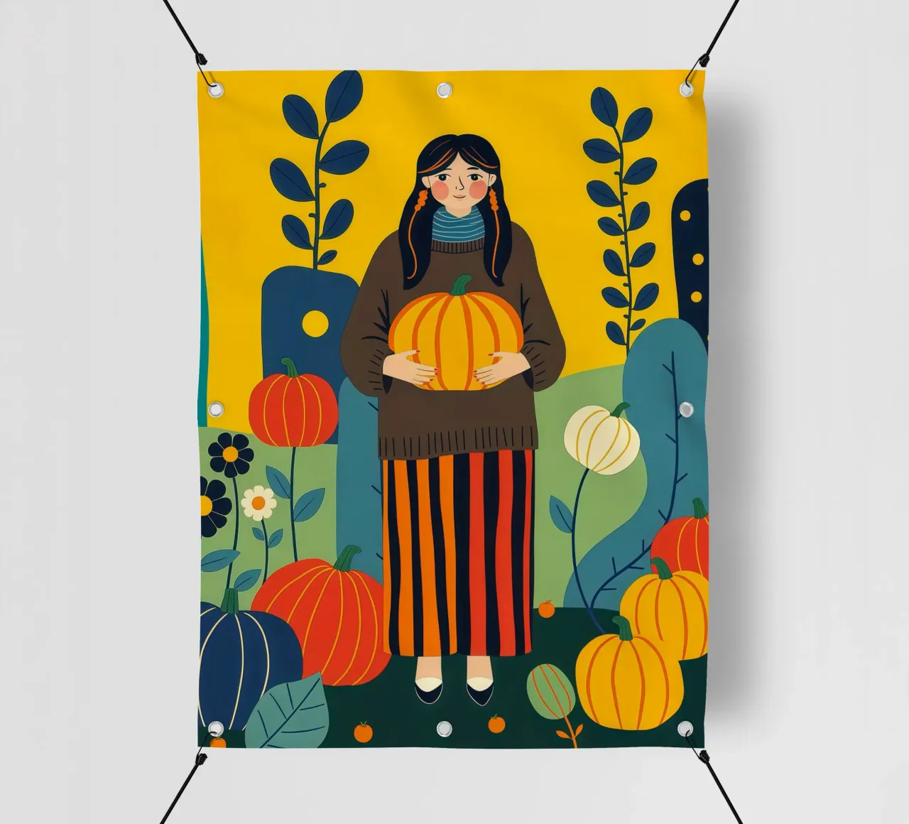 Donna che raccoglie una zucca in un campo di zucche telo in pvc da ARTOMATIC