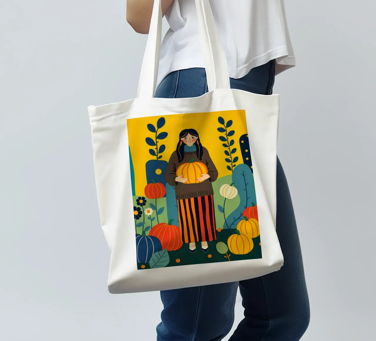Donna che raccoglie una zucca in un campo di zucche borsa in juta da ARTOMATIC