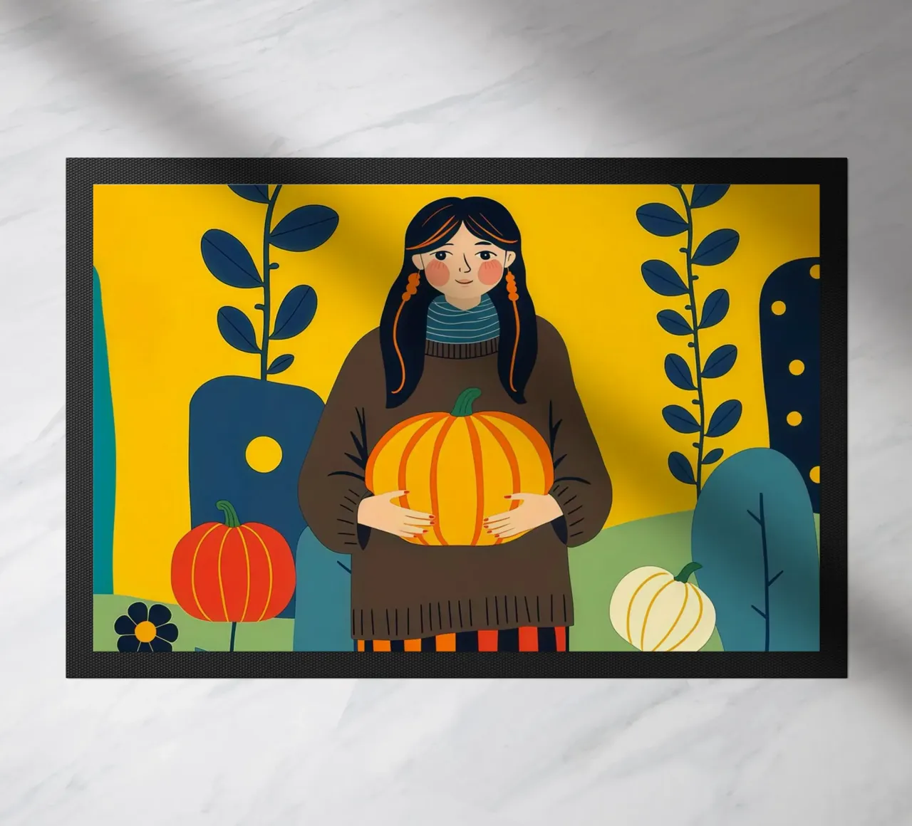 Donna che raccoglie una zucca in un campo di zucche zerbino da ARTOMATIC