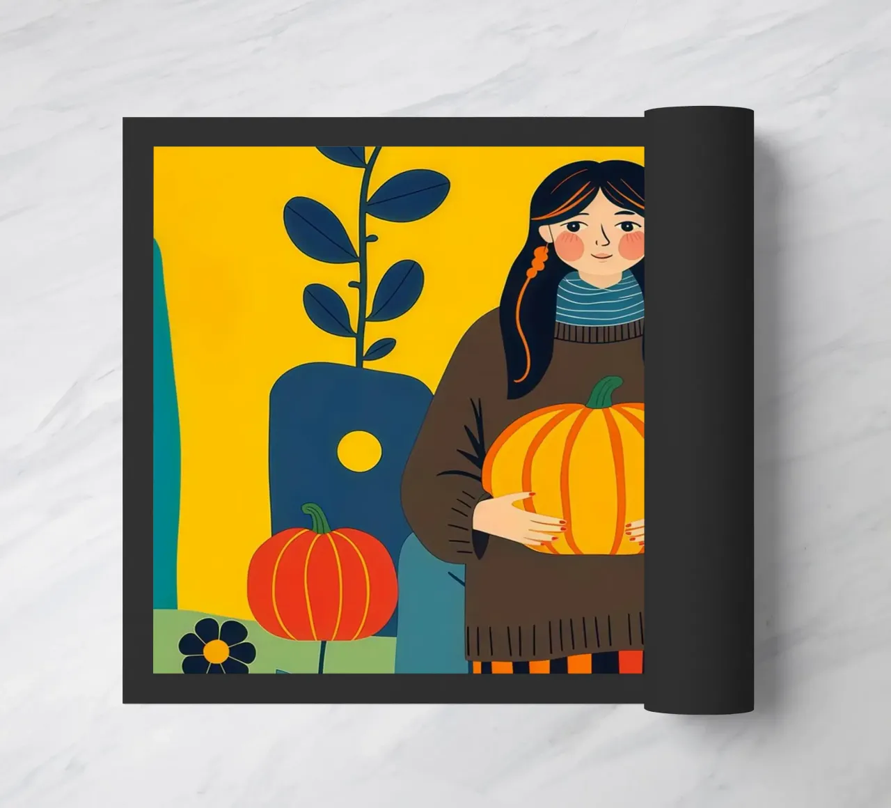 Donna che raccoglie una zucca in un campo di zucche zerbino da ARTOMATIC