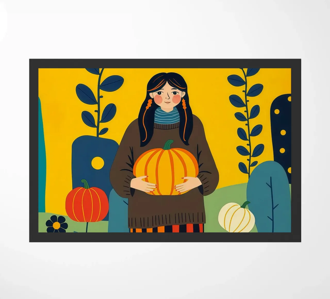 Donna che raccoglie una zucca in un campo di zucche zerbino da ARTOMATIC