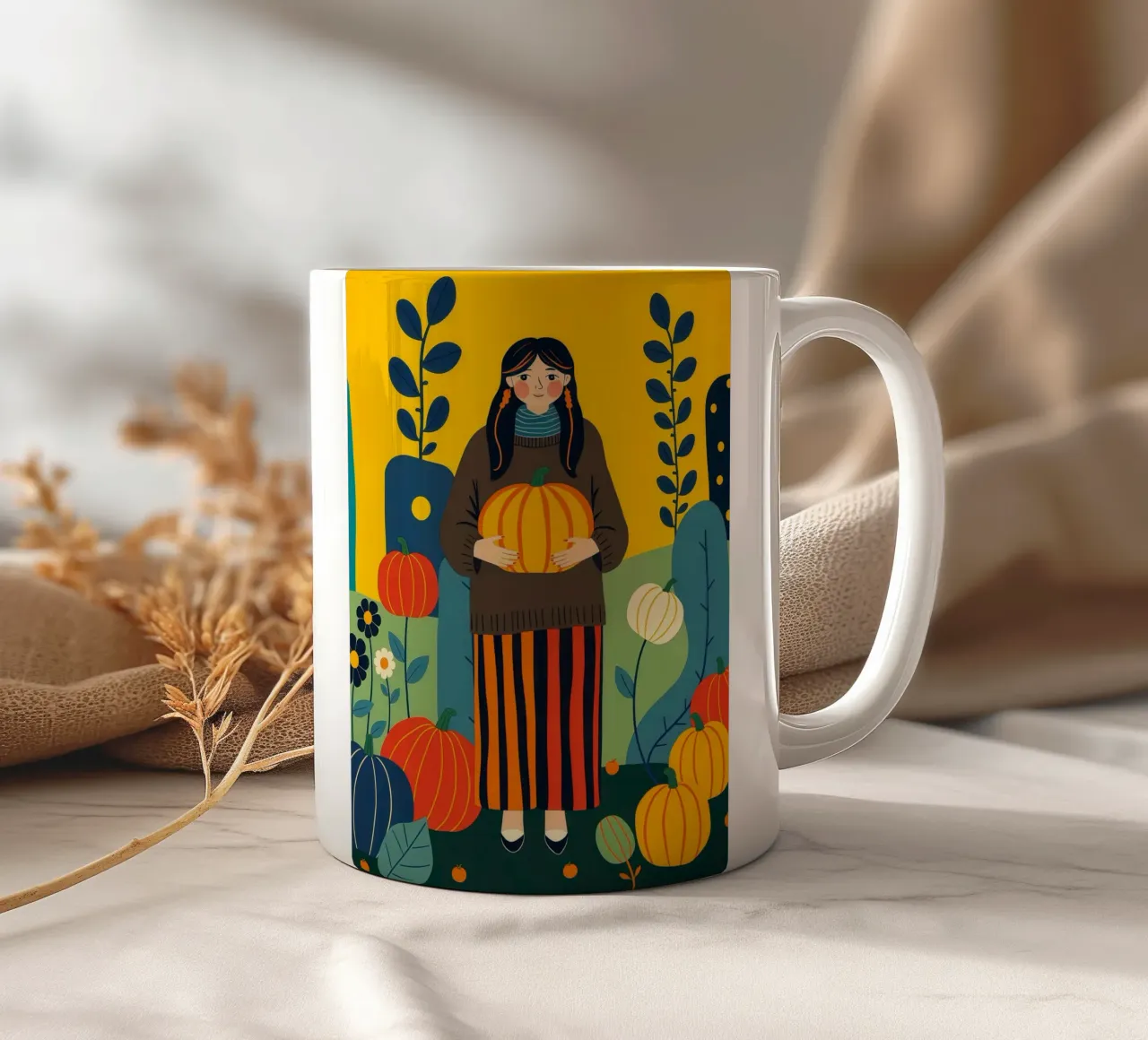 Donna che raccoglie una zucca in un campo di zucche tazza in ceramica da ARTOMATIC