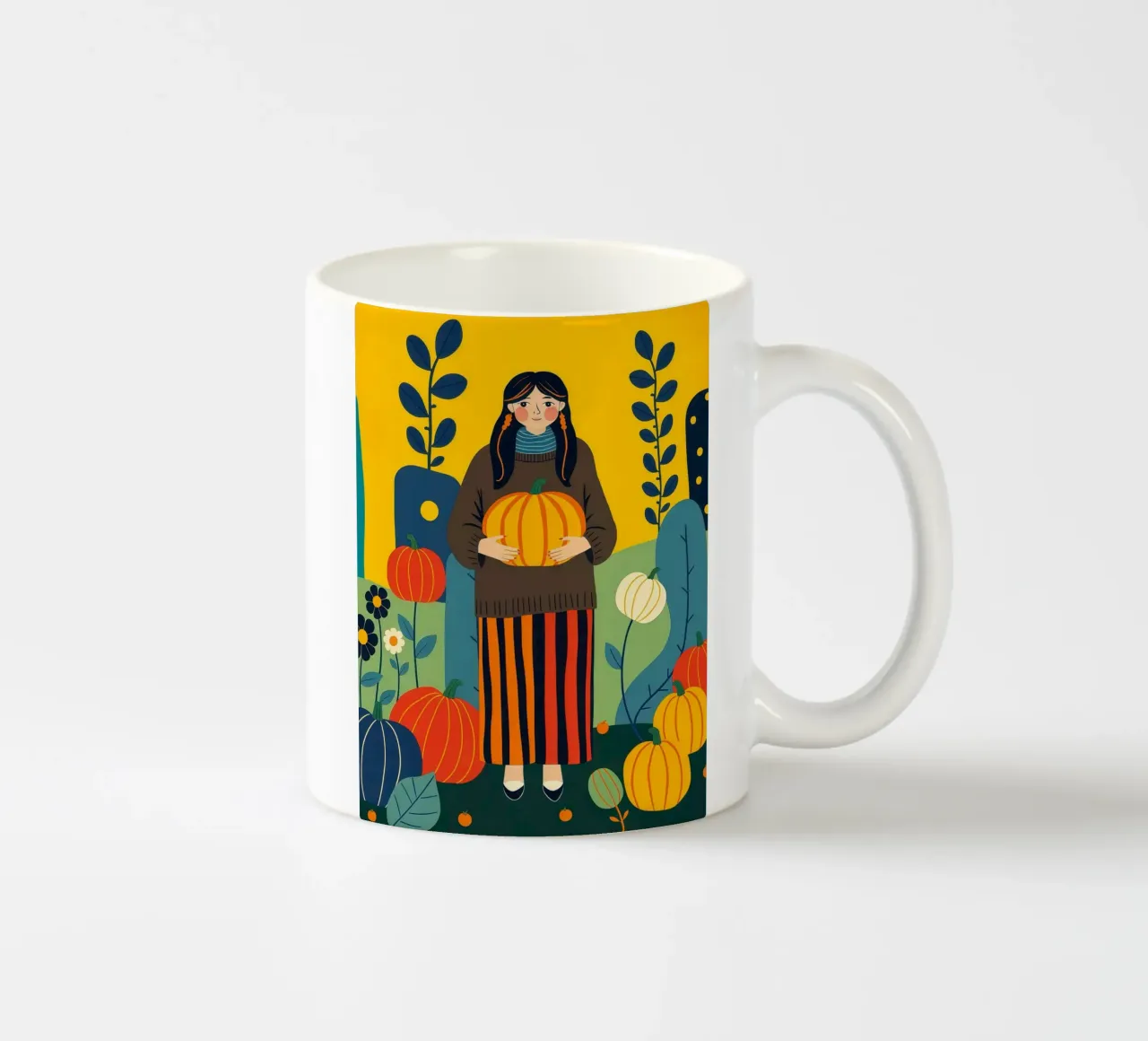 Donna che raccoglie una zucca in un campo di zucche tazza in ceramica da ARTOMATIC