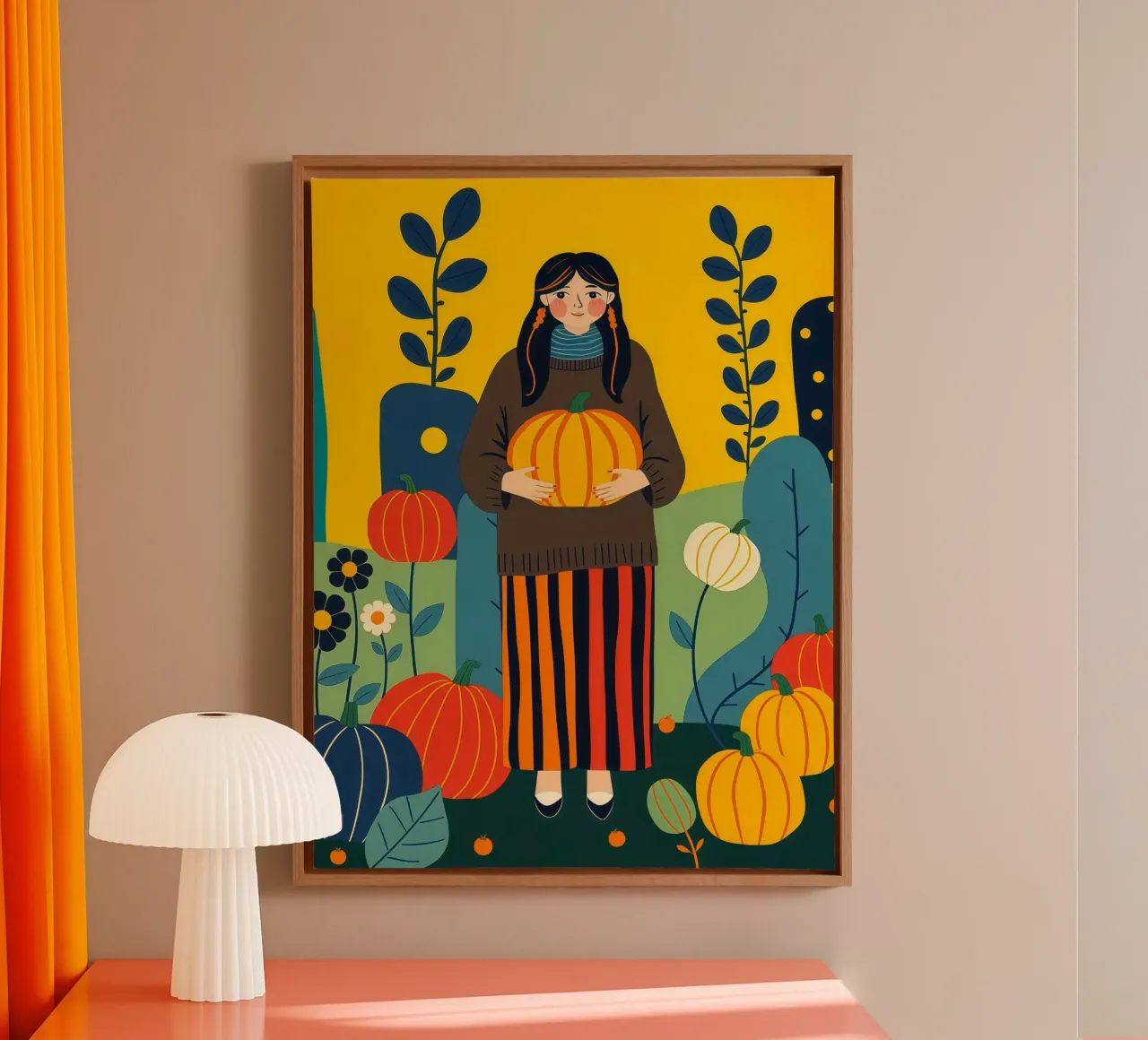 Donna che raccoglie una zucca in un campo di zucche tela da ARTOMATIC