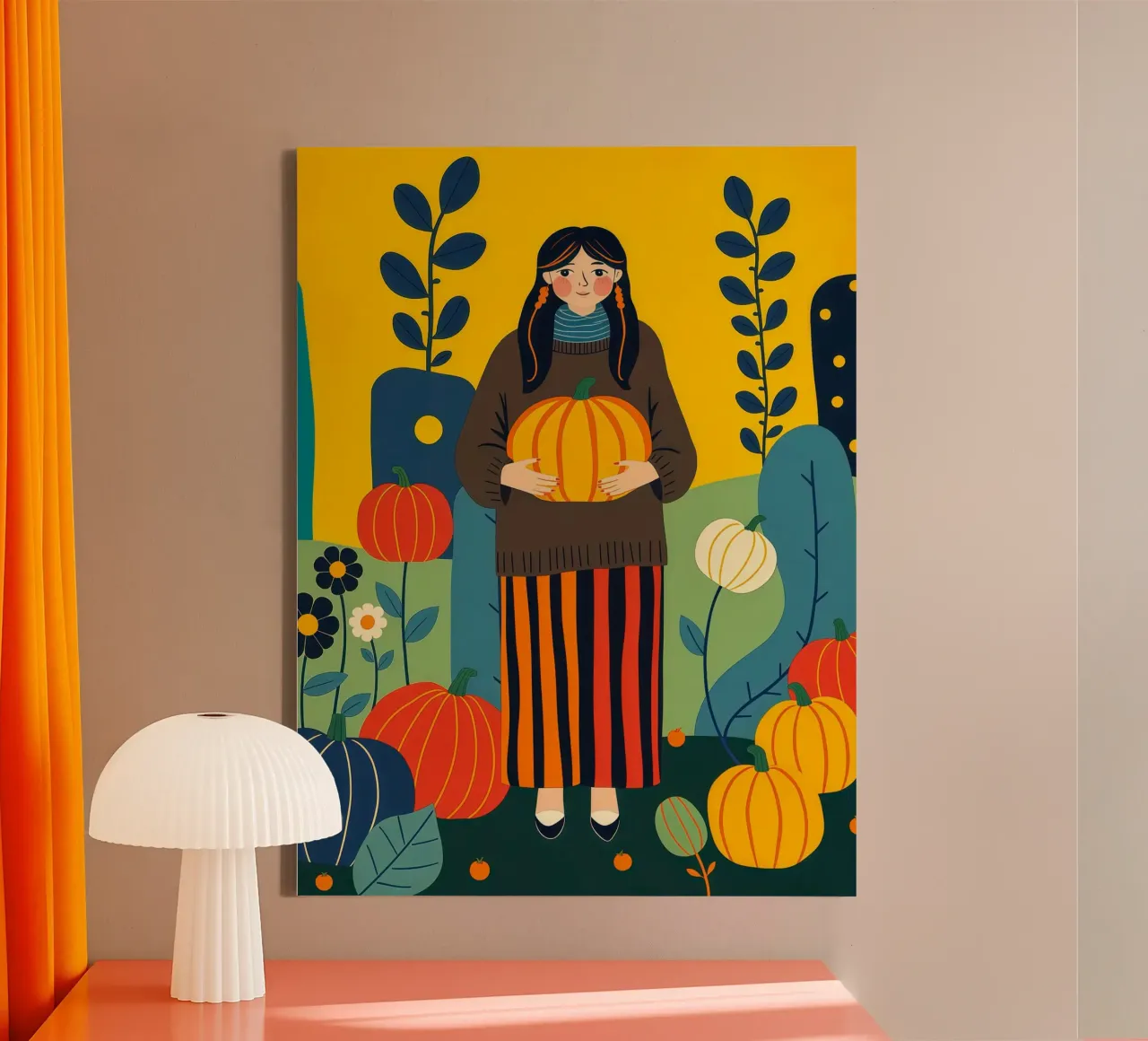 Donna che raccoglie una zucca in un campo di zucche tela da ARTOMATIC