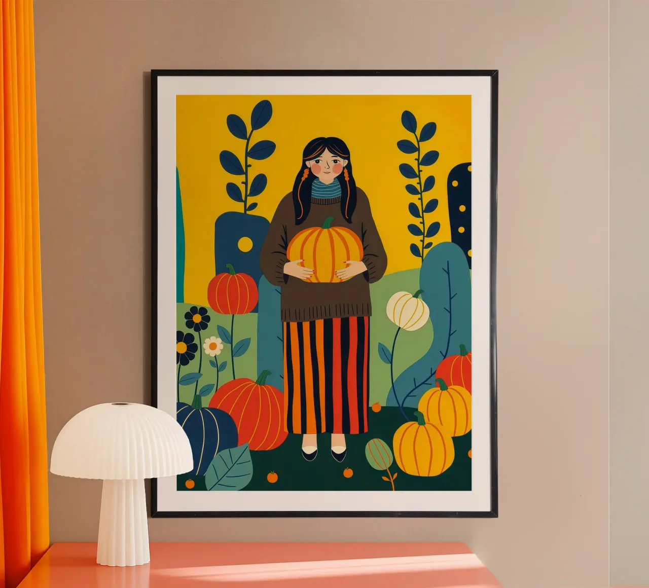 Donna che raccoglie una zucca in un campo di zucche carta hahnemühle da ARTOMATIC