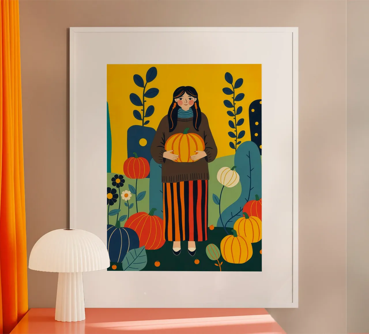 Donna che raccoglie una zucca in un campo di zucche carta hahnemühle da ARTOMATIC